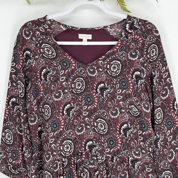 Garnet Hill Bohemian Paisley Print Dress Size 4 Plum Floral 3/4 Sleeve Pockets - Picture 5 of 11